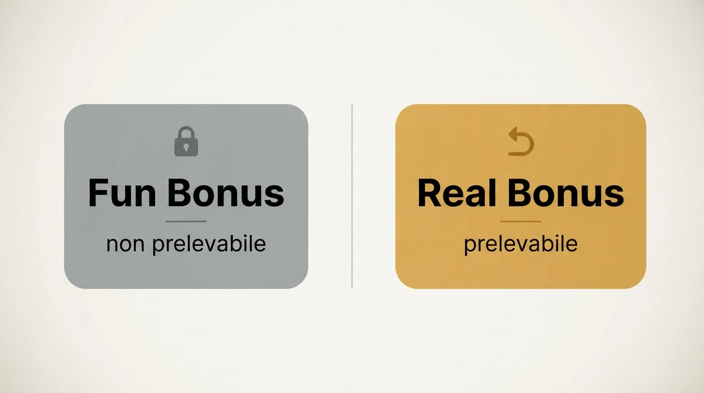 Due colonne affiancate mettono a confronto il saldo Fun Bonus (vincolato, non prelevabile) e il saldo Real Bonus (prelevabile), con il simbolo di un lucchetto sul primo e una freccia di prelievo sul secondo